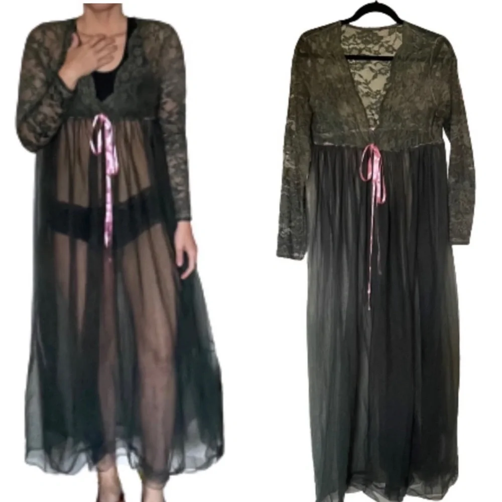 Mad men style Vintage 1960s sheer grey black long sleeve lace sexy nightdress - Picture 2 of 9